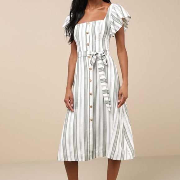 Lulus Mediterranean Moves Olive Striped Flutter Sleeve Midi Dress White - Picture 1 of 1